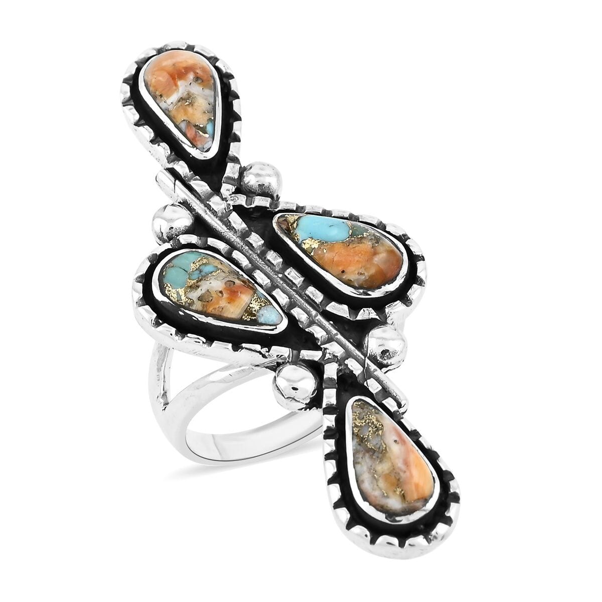 Santa Fe Style Spiny Turquoise 8.00 ctw Ring in Sterling Silver (Size 6.0) image number 0