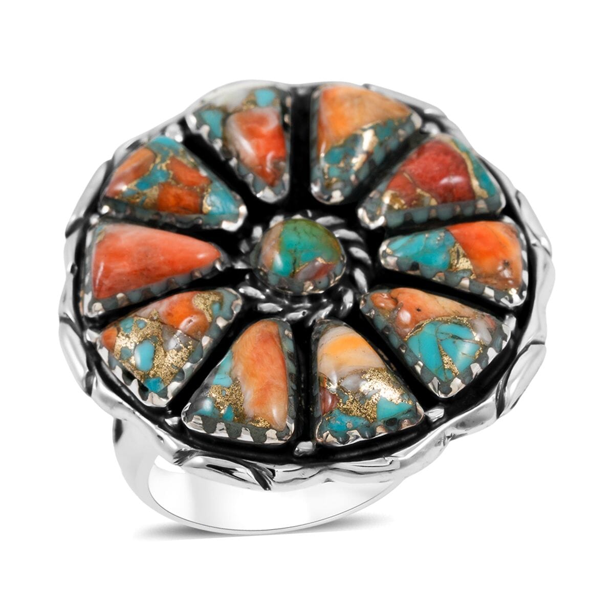 Santa Fe Style Spiny Turquoise 19.00 ctw Ring in Sterling Silver (Size 6.0) image number 0