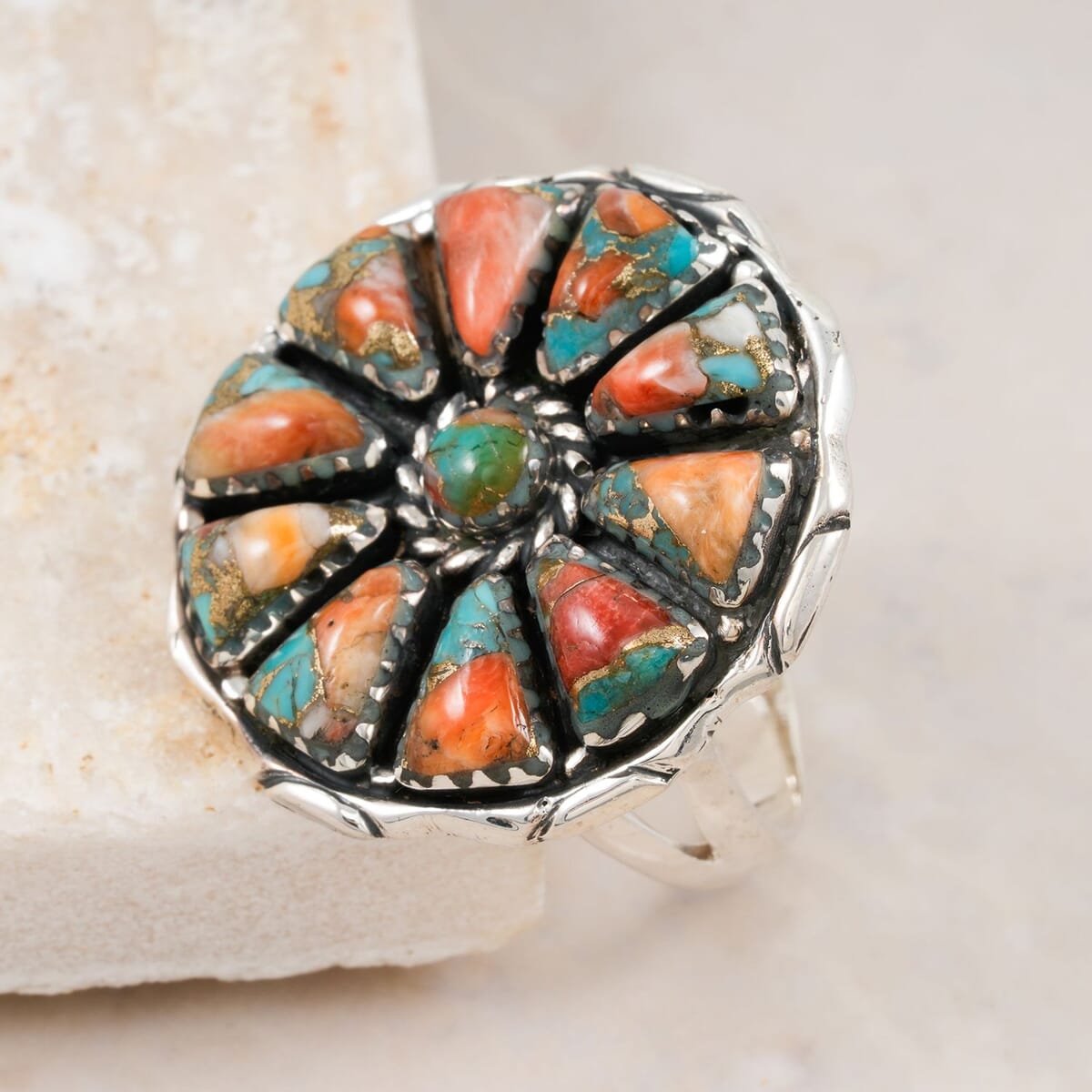 Santa Fe Style Spiny Turquoise 19.00 ctw Ring in Sterling Silver (Size 6.0) image number 1