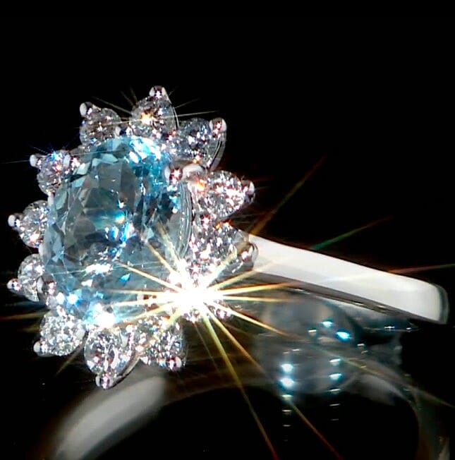 Dan Dennis Deal 10K White Gold AAA Aquamarine, Luxuriant Lab Grown Diamond (I2) (0.30 cts) Ring (Size 10.0) (Del. in 12-15 Days) 2.18 ctw