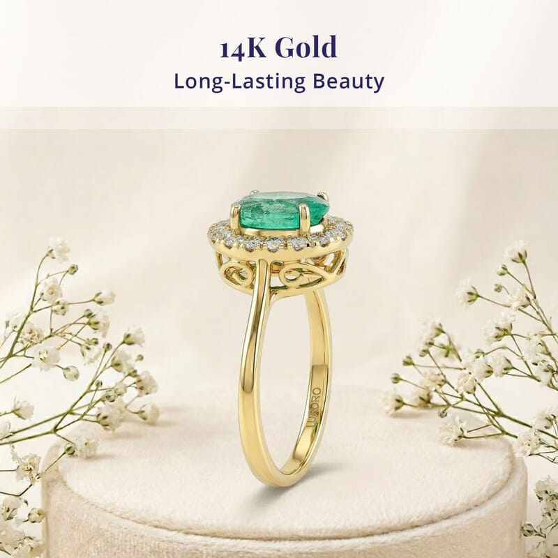 Certified & Appraised Luxoro AAA Kagem Zambian Emerald and G-H I2 Diamond 1.10 ctw Ring in 14K Yellow Gold (Size 5.0)