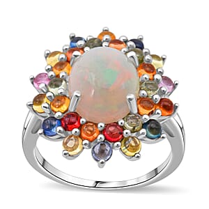 D'Joy Premium Ethiopian Wel Opal and Multi Sapphire 5.10 ctw Ring in Rhodium Over Sterling Silver (Size 10.0)