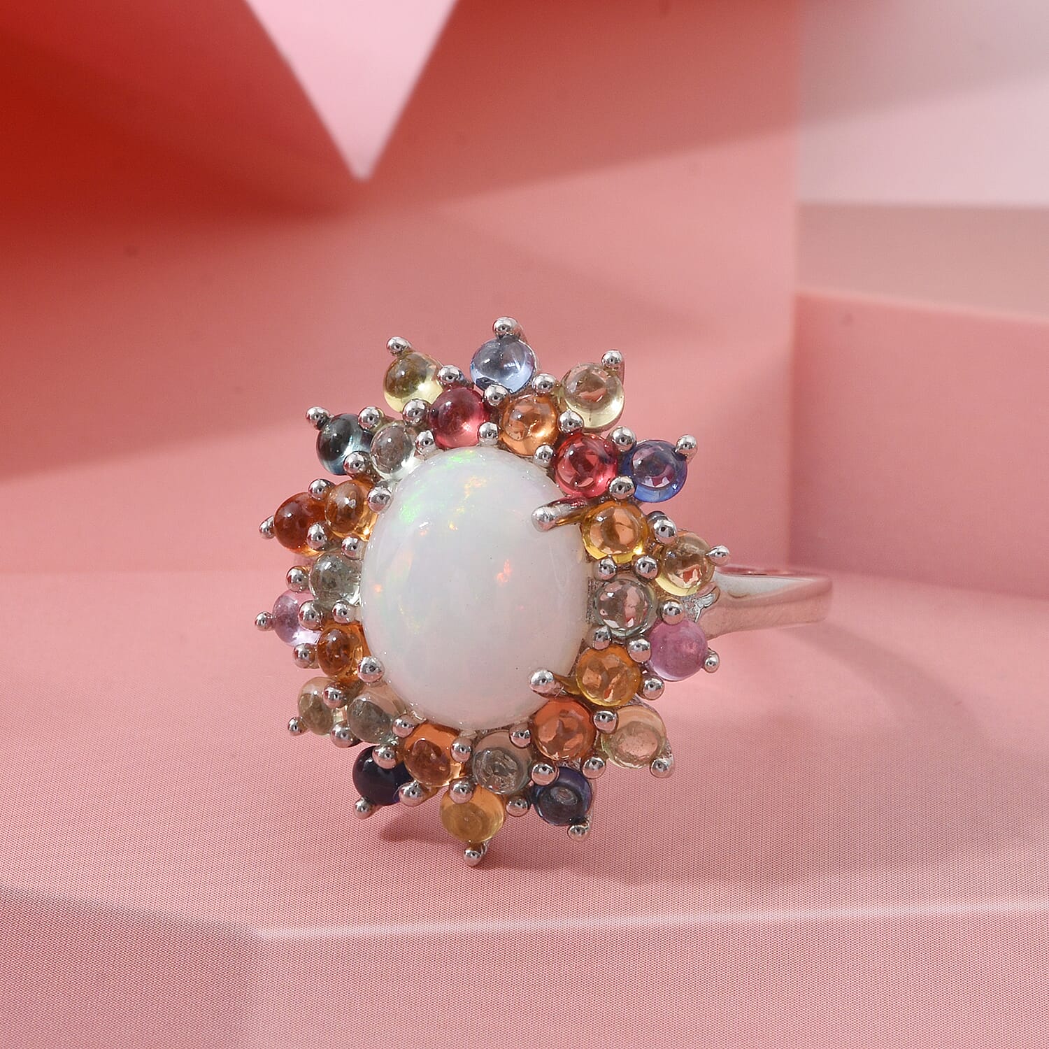 D'Joy Premium Ethiopian Welo Opal and Multi Sapphire 5.10 ctw Celestial Carnival Ring in Rhodium Over Sterling Silver (Size 10.0)
