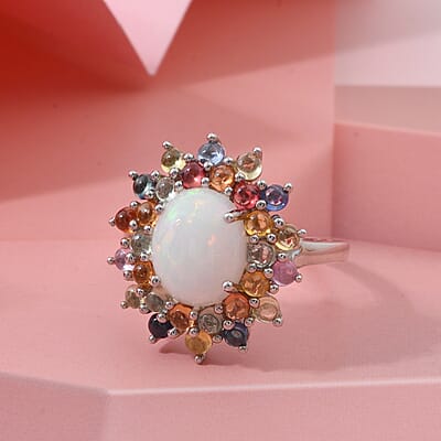 D'Joy Premium Ethiopian Welo Opal and Multi Sapphire 5.10 ctw Celestial Carnival Ring in Rhodium Over Sterling Silver (Size 10.0)
