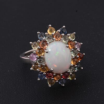 D'Joy Premium Ethiopian Welo Opal and Multi Sapphire 5.10 ctw Celestial Carnival Ring in Rhodium Over Sterling Silver (Size 10.0)