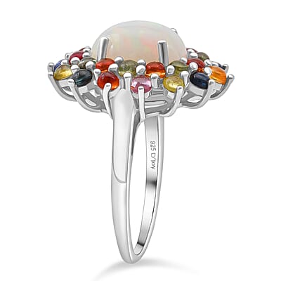 D'Joy Premium Ethiopian Welo Opal and Multi Sapphire 5.10 ctw Celestial Carnival Ring in Rhodium Over Sterling Silver (Size 10.0)
