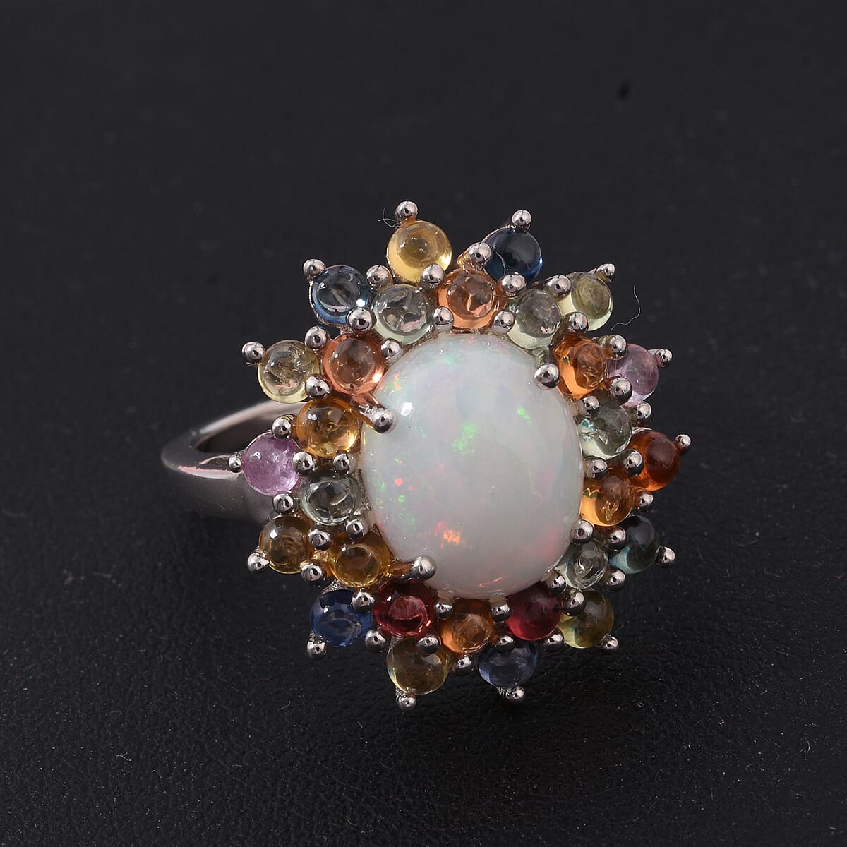 D'Joy Premium Ethiopian Welo Opal and Multi Sapphire 5.10 ctw Celestial Carnival Ring in Rhodium Over Sterling Silver (Size 6.0) image number 2