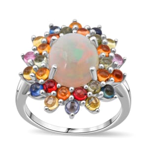 D'Joy Premium Ethiopian Wel Opal and Multi Sapphire 5.10 ctw Ring in Rhodium Over Sterling Silver (Size 8.0)
