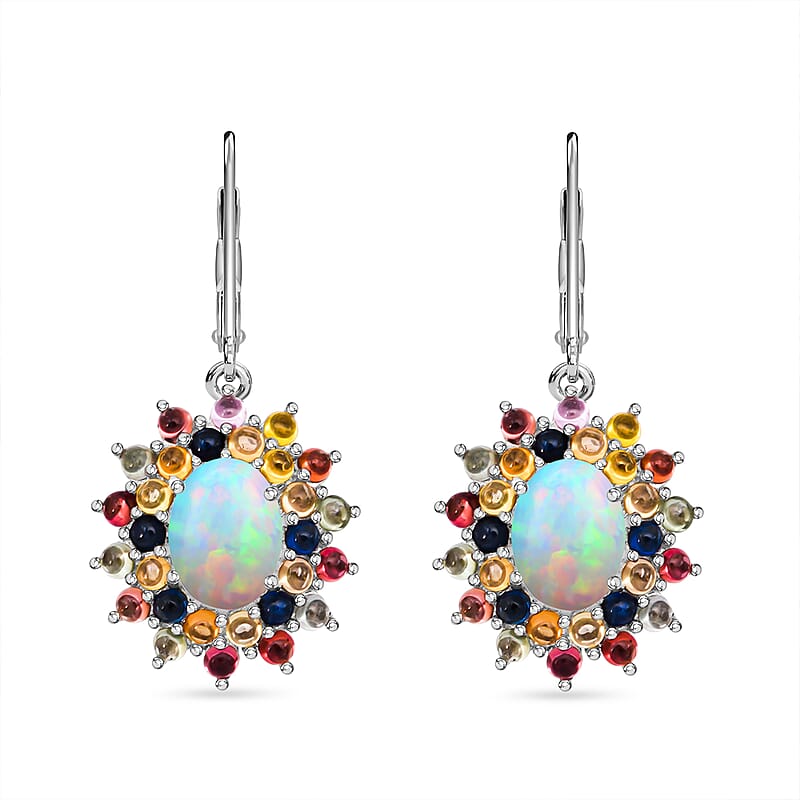 D'Joy Premium Ethiopian Welo Opal and Multi Sapphire 6.50 ctw Celestial Carnival Earrings in Rhodium Over Sterling Silver