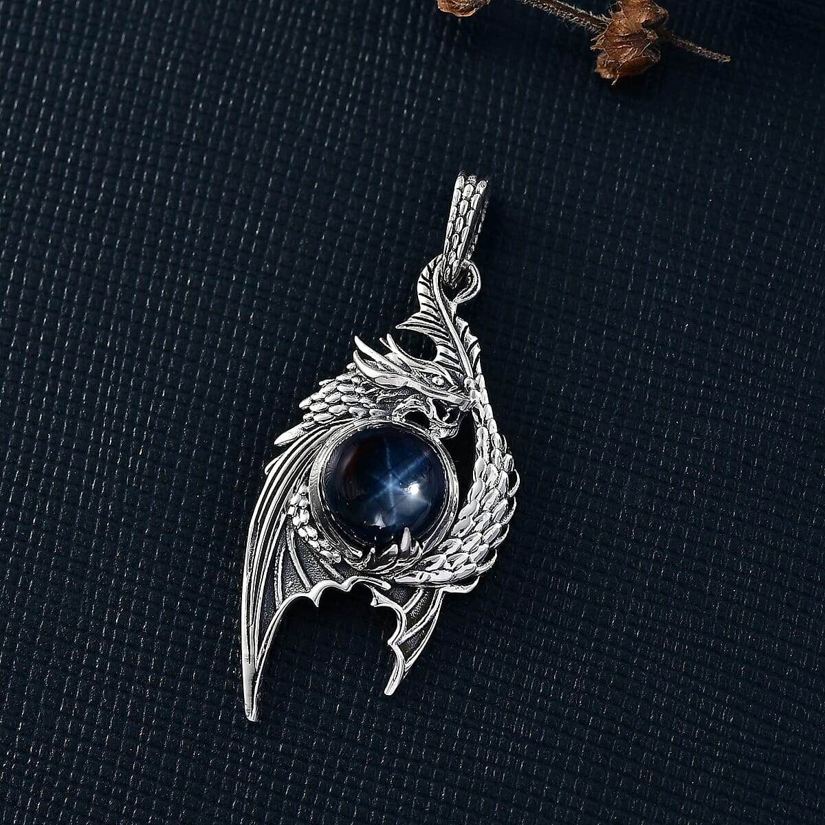 D'Joy Artisan Crafted Blue Star Sapphire (DF) 3.90 ctw Dragon Pendant in Sterling Silver image number 1