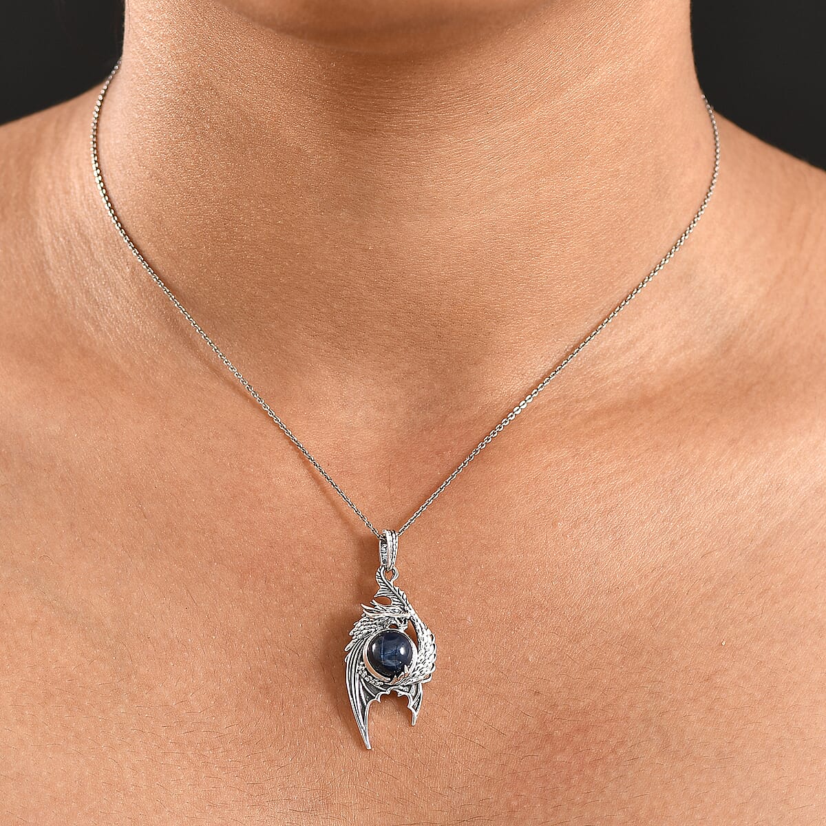 D'Joy Artisan Crafted Blue Star Sapphire (DF) 3.90 ctw Dragon Pendant in Sterling Silver image number 2