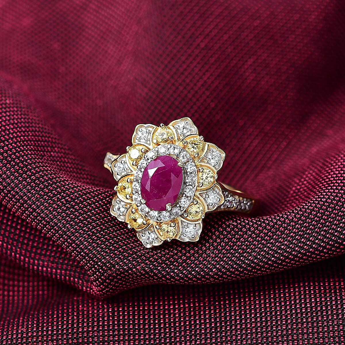 Doorbuster D’Joy Premium Royal Ruby and Multi Gemstone 2.00 ctw Tulip Ring in 18K Vermeil Yellow Gold Over Sterling Silver (Size 10.0) image number 1