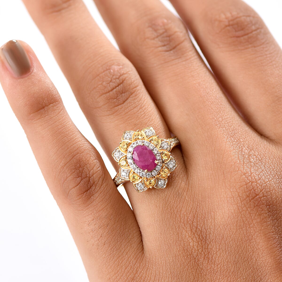 D'Joy Premium Royal Ruby, Multi Gemstone Tulip Ring in 18K Vermeil YG Over Sterling Silver 2.00 ctw (Size 6.0) image number 2