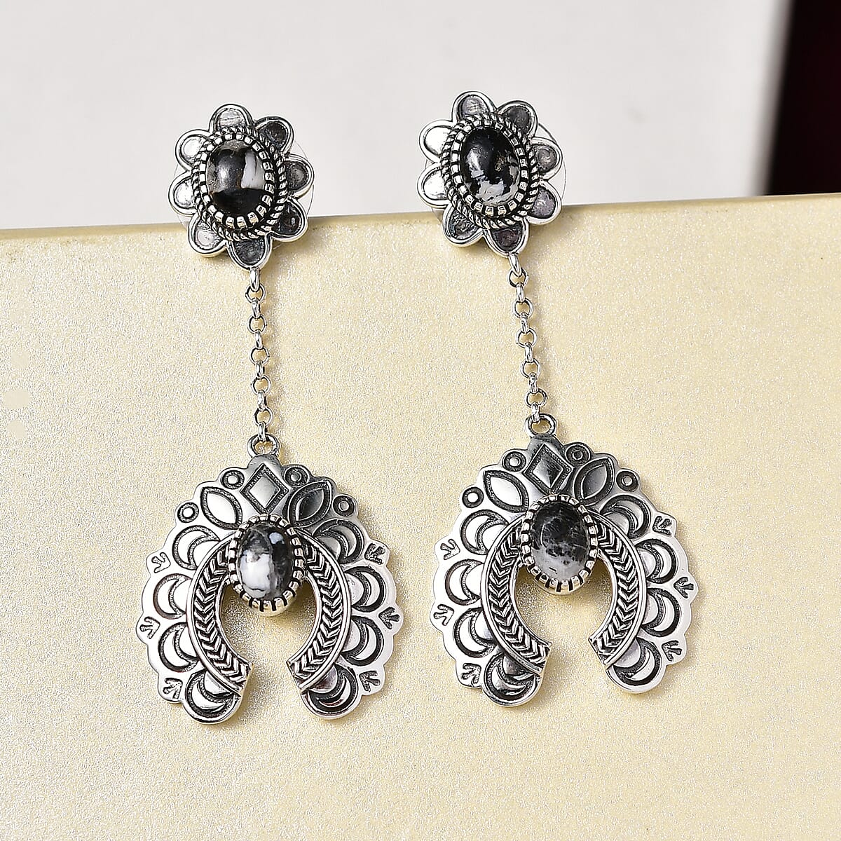 D'Joy Artisan Crafted White Buffalo 3.80 ctw Squash Blossom Earrings in Sterling Silver image number 1