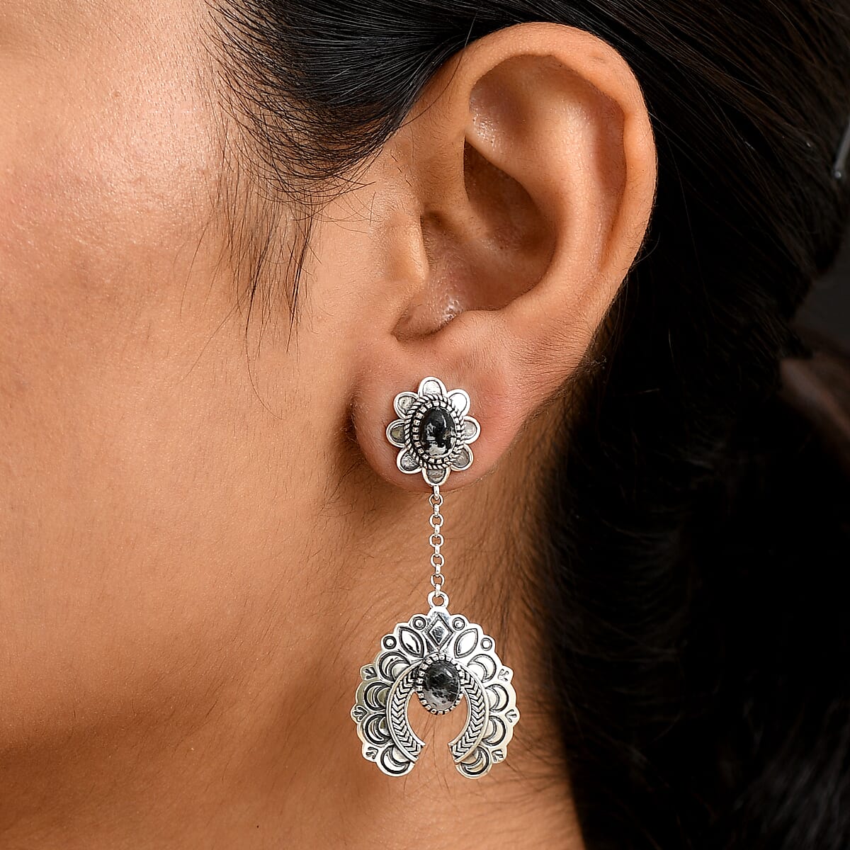 D'Joy Artisan Crafted White Buffalo 3.80 ctw Squash Blossom Earrings in Sterling Silver image number 2