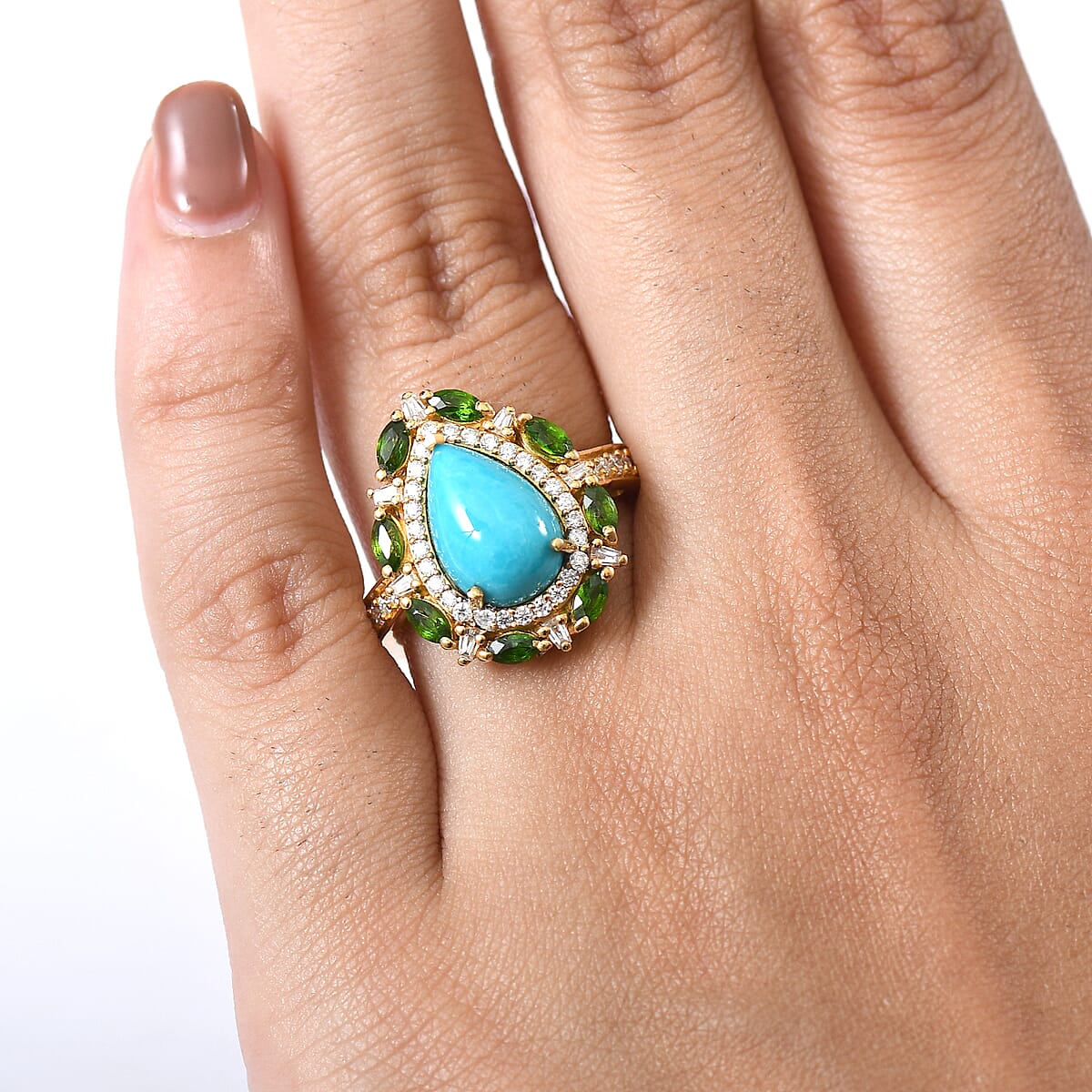 Doorbuster D&rsquo;Joy Sleeping Beauty Turquoise and Multi Gemstone 4.10 ctw Sunburst Halo Ring in 18K Vermeil Yellow Gold Over Sterling Silver (Size 6.0) image number 2