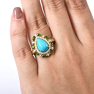D' Joy Sleeping Beauty Turquoise, Multi Gemstone Sunburst Halo Ring in 18K Vermeil YG Over Sterling Silver  4.10 ctw (Size 7.0)