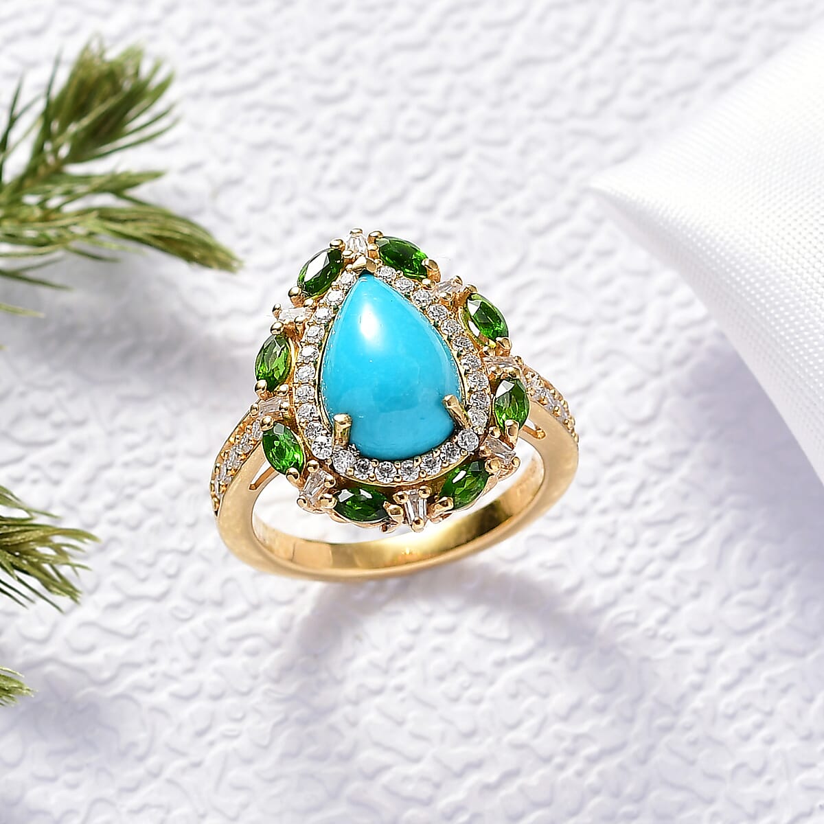 Doorbuster D&rsquo;Joy Sleeping Beauty Turquoise and Multi Gemstone 4.10 ctw Sunburst Halo Ring in 18K Vermeil Yellow Gold Over Sterling Silver (Size 8.0) image number 1