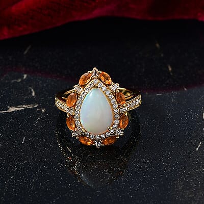 D'Joy Ethiopian Welo Opal and Multi Gemstone 2.90 ctw Sunburst Halo Ring in 18K Vermeil Yellow Gold Over Sterling Silver (Size 10.0)
