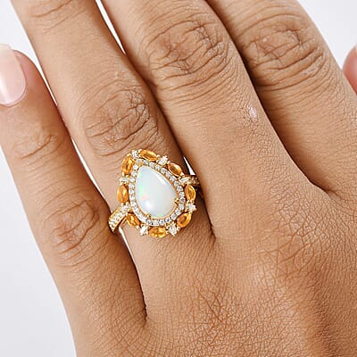 D'Joy Ethiopian Welo Opal and Multi Gemstone 2.90 ctw Sunburst Halo Ring in 18K Vermeil Yellow Gold Over Sterling Silver (Size 10.0)
