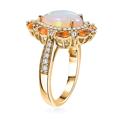 D'Joy Ethiopian Welo Opal and Multi Gemstone 2.90 ctw Sunburst Halo Ring in 18K Vermeil Yellow Gold Over Sterling Silver (Size 10.0)