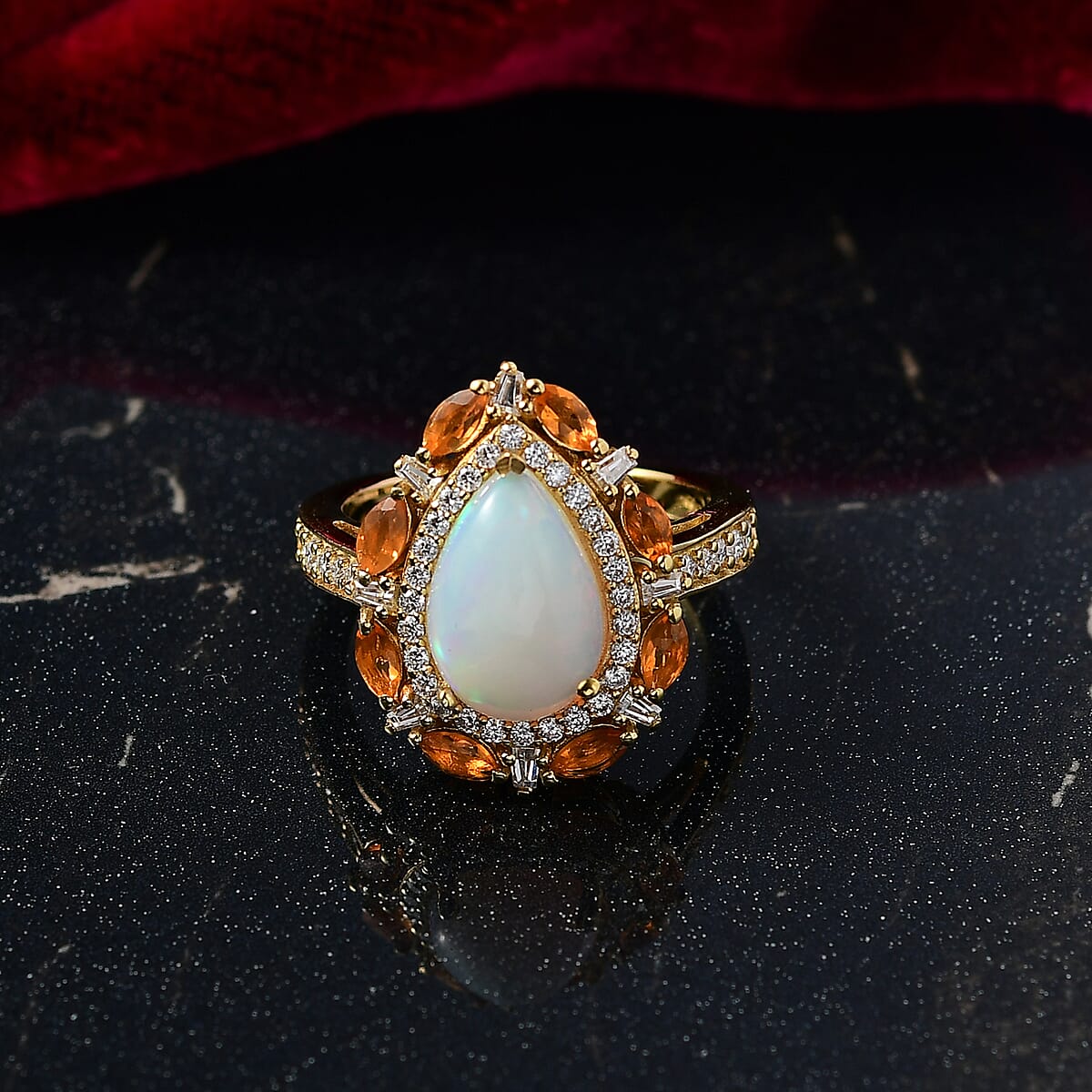 Doorbuster D&rsquo;Joy Ethiopian Welo Opal, Multi Gemstone 2.90 ctw Sunburst Halo Ring in 18K Vermeil Yellow Gold Over Sterling Silver (Size 6.0) image number 1