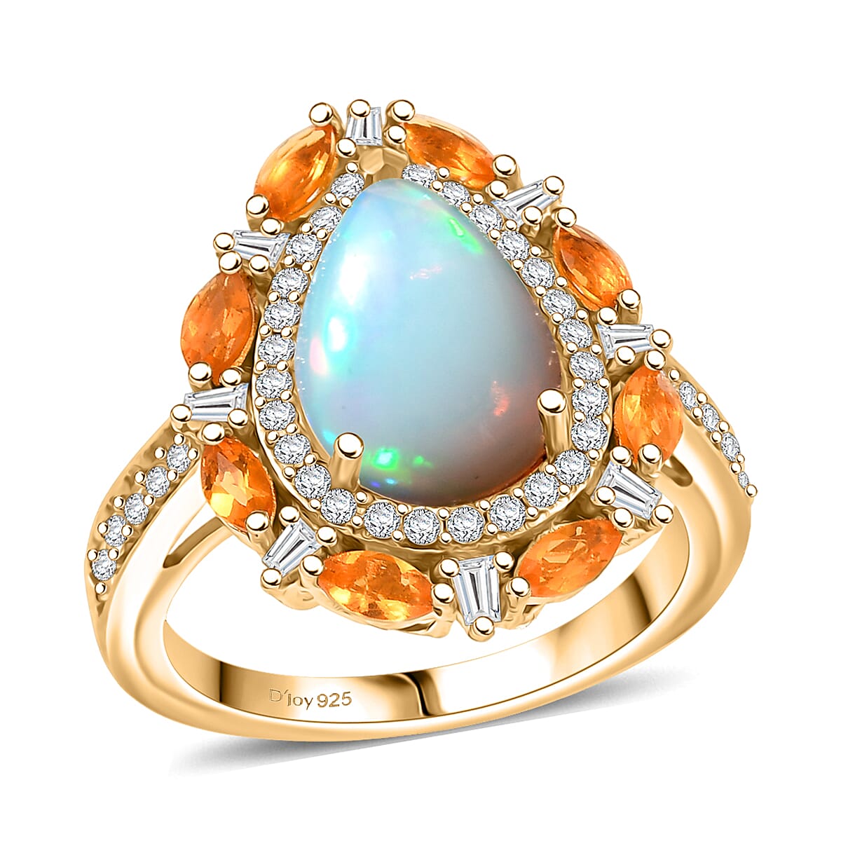Doorbuster D’Joy Ethiopian Welo Opal and Multi Gemstone 2.90 ctw Sunburst Halo Ring in 18K Vermeil Yellow Gold Over Sterling Silver (Size 7.0) image number 0