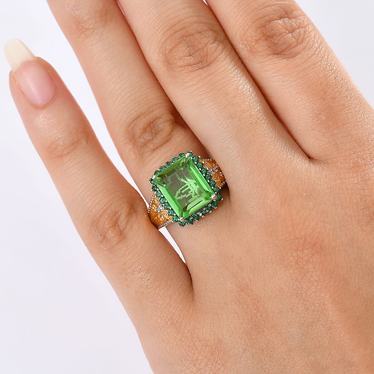 EverTrue Chartreuse Quartz (Triplet) and Multi Gemstone 6.10 ctw Floral & Butterfly Ring in 18K YG Plated and Platinum Bond (Size 10.0) image number 2