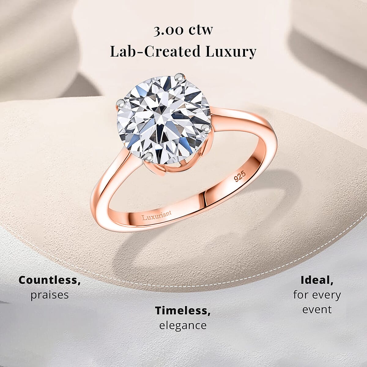 IGI Certified Luxuriant Lab Grown Diamond E-F VS 3.00 ctw Solitaire Ring in 18K Vermeil Rose Gold Over Sterling Silver (Size 10.0) (Del. in 10-12 Days) image number 2