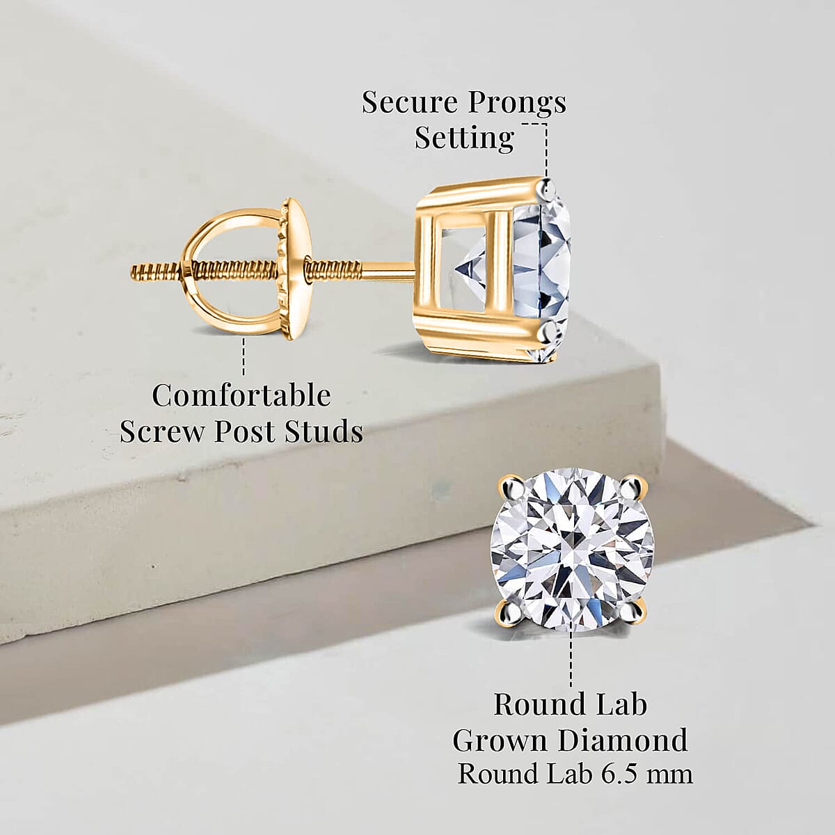 IGI Certified Luxuriant Lab Grown Diamond E-F VS 2.00 ctw Solitaire Stud Earrings in 18K Vermeil Yellow Gold Over Sterling Silver image number 8