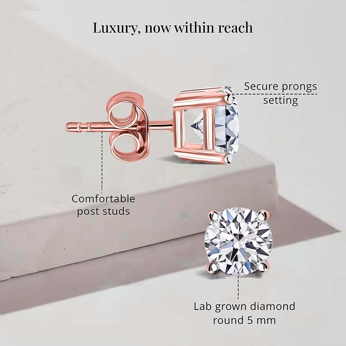 Luxuriant Lab Grown Diamond E-F VS 1.00 ctw Solitaire Stud Earrings in 18K Vermeil Rose Gold Over Sterling Silver image number 7
