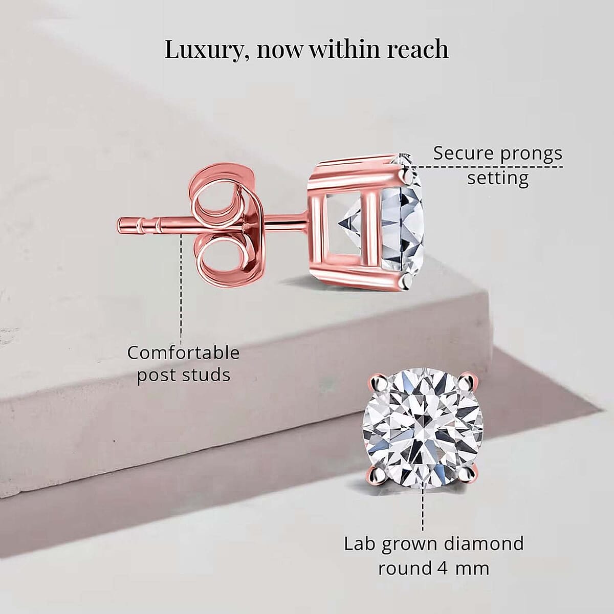 Luxuriant Lab Grown Diamond E-F VS 0.50 ctw Solitaire Stud Earrings in 18K Vermeil Rose Gold Over Sterling Silver image number 7