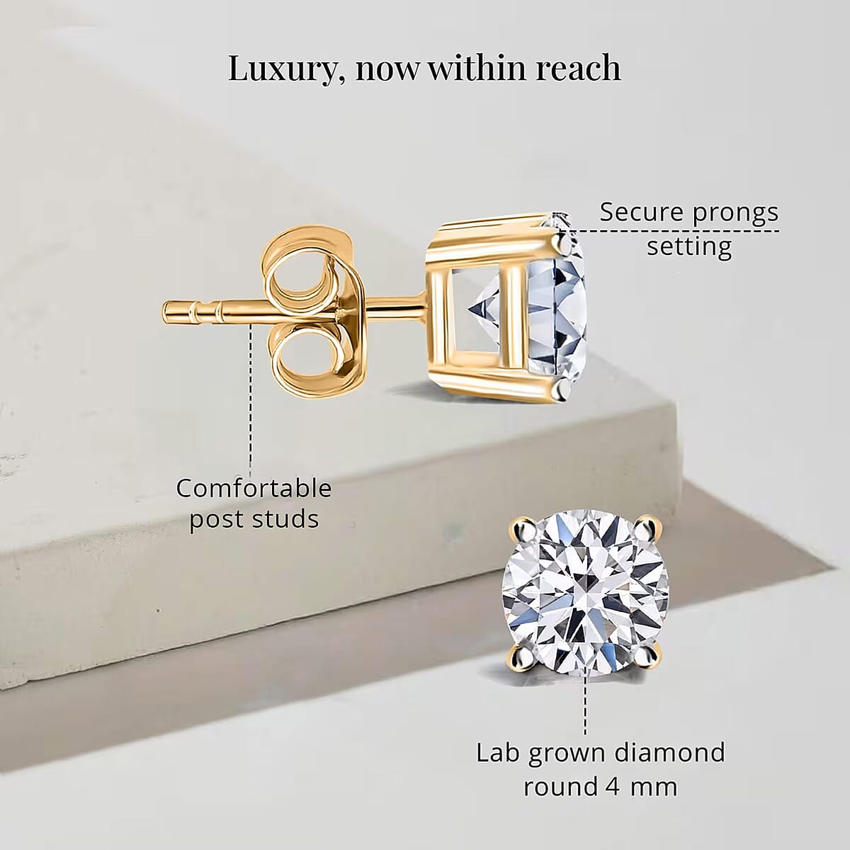 Luxuriant Lab Grown Diamond E-F VS 0.50 ctw Solitaire Stud Earrings in 18K Vermeil Yellow Gold Over Sterling Silver (Del. in 10-12 Days) image number 7