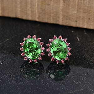 EverTrue Chartreuse Quartz (Triplet) and Signity Pink Topaz 3.35 ctw Classic Halo Earrings in Platinum Bond