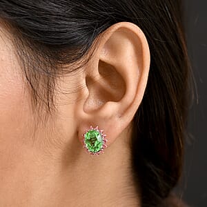 EverTrue Chartreuse Quartz (Triplet) and Signity Pink Topaz 3.35 ctw Classic Halo Earrings in Platinum Bond