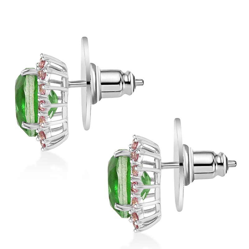 EverTrue Chartreuse Quartz (Triplet) and Signity Pink Topaz 3.35 ctw Classic Halo Earrings in Platinum Bond