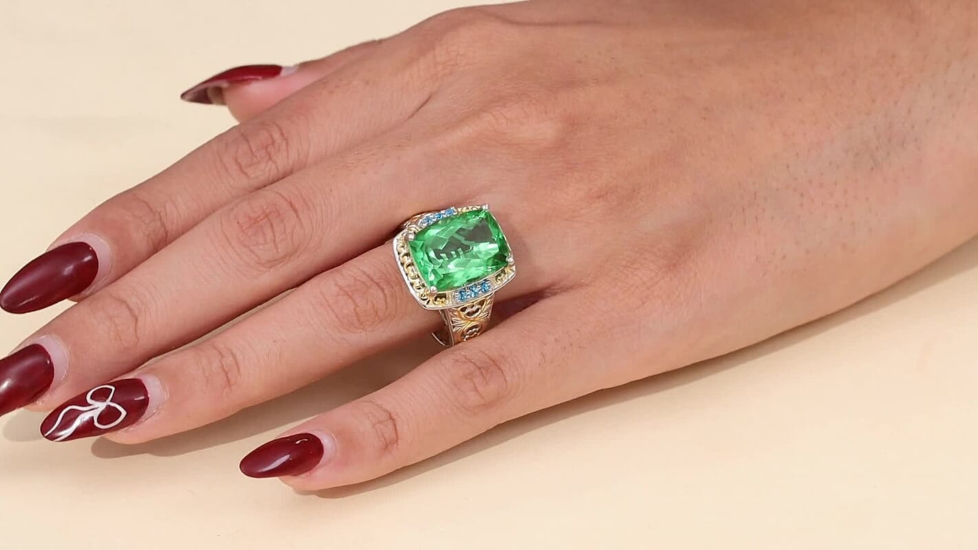 EverTrue Chartreuse Quartz (Triplet) and Signity Pariaba Topaz 11.65 ctw Ring 18K YG Plated and Platinum Bond (Size 10.0)