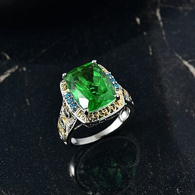 EverTrue Chartreuse Quartz (Triplet) and Signity Pariaba Topaz 11.65 ctw Classic Halo Ring 18K YG Plated and Platinum Bond (Size 10.0)