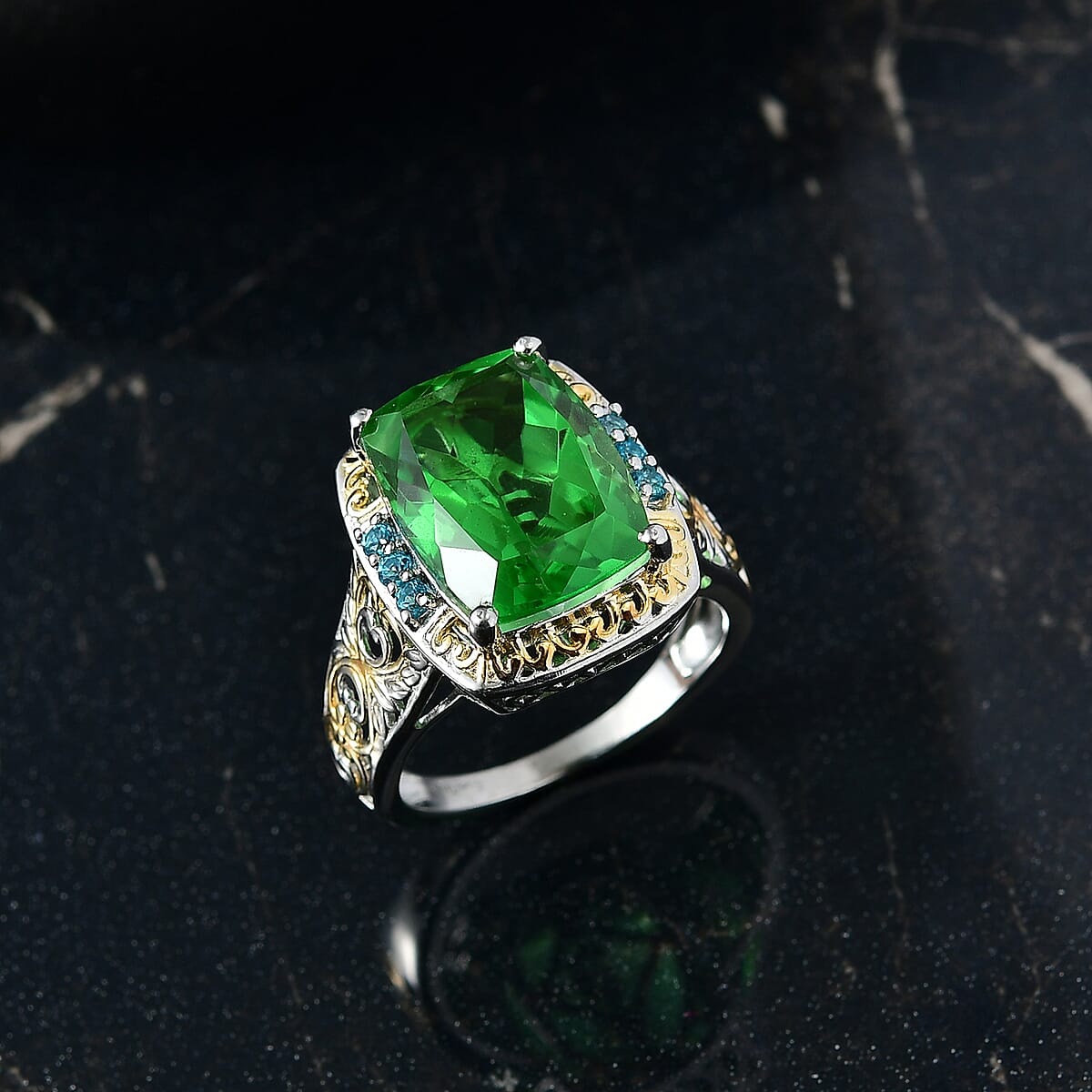 EverTrue Chartreuse Quartz (Triplet) and Signity Pariaba Topaz 11.65 ctw Classic Halo Ring 18K YG Plated and Platinum Bond (Size 8.0) image number 1