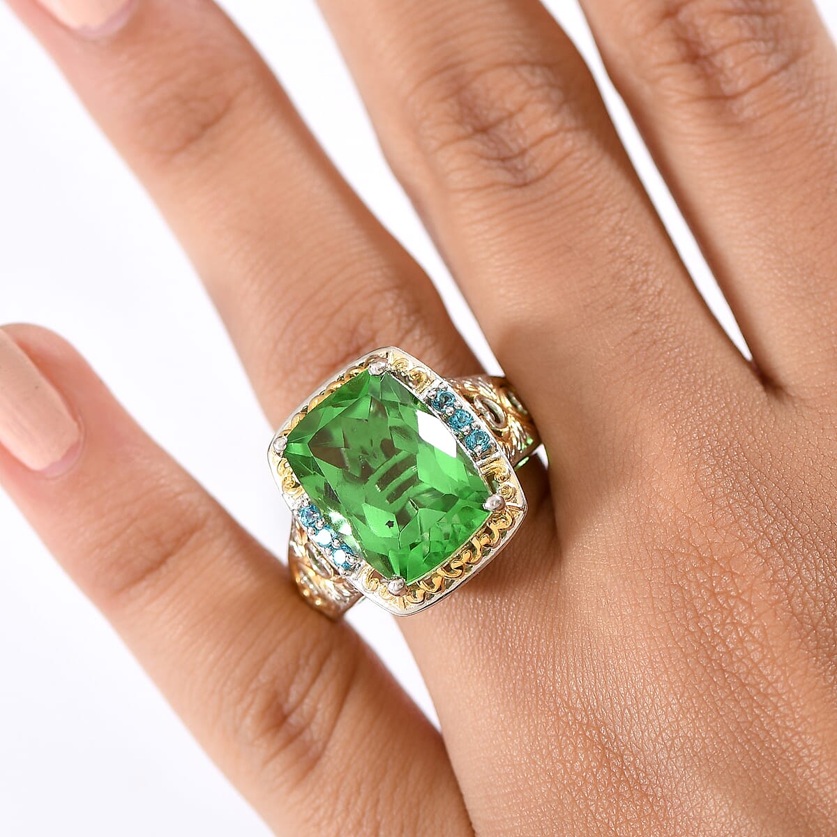 EverTrue Chartreuse Quartz (Triplet) and Signity Pariaba Topaz 11.65 ctw Classic Halo Ring 18K YG Plated and Platinum Bond (Size 9.0) image number 2