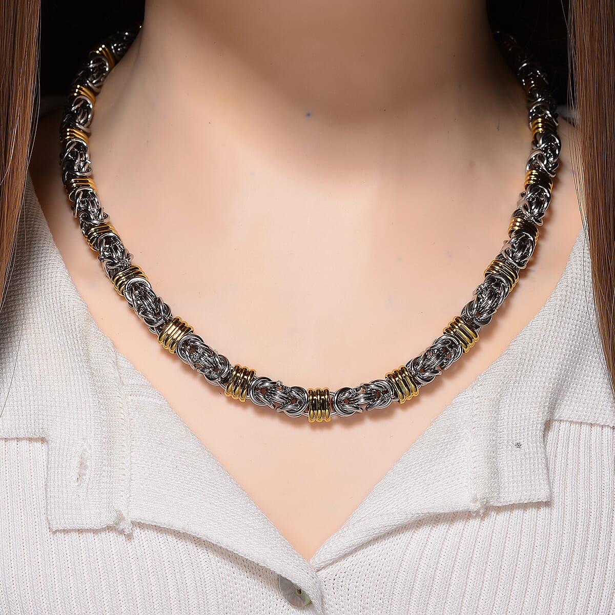 EverTrue Fashionable Two-Tone Byzantine Chain Necklace 20.5-22.5 Inches in ION Plated YG and Stainless Steel image number 1