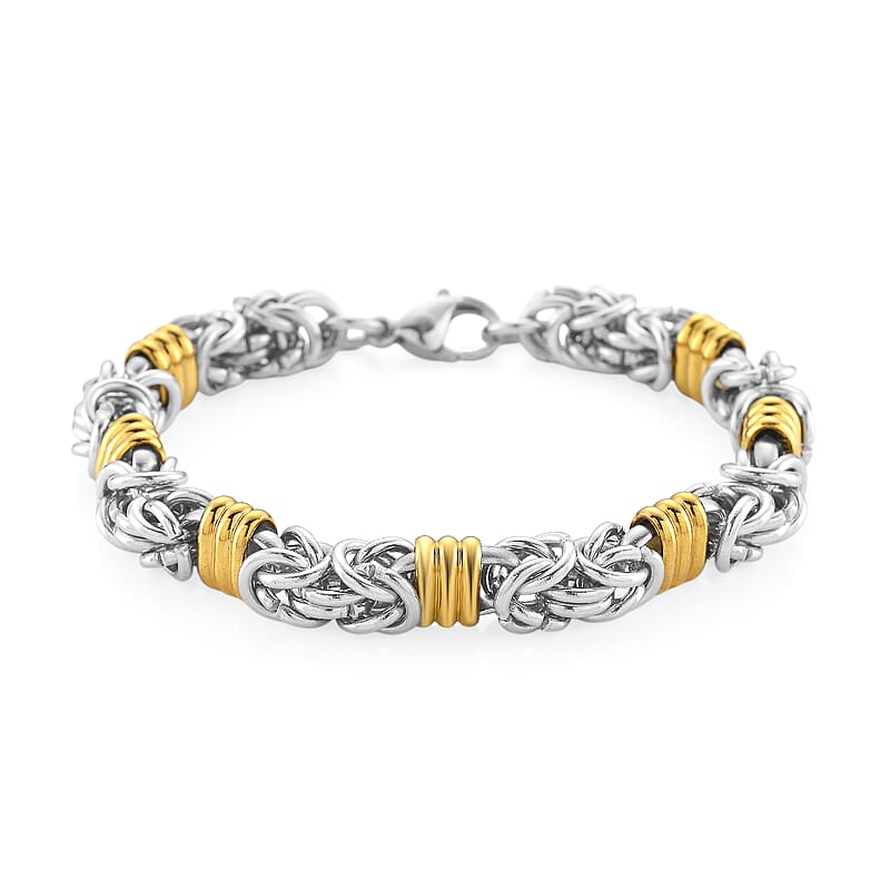 EverTrue Fashionable Two-Tone Byzantine Chain Bracelet in ION Plated YG and Stainless Steel (8.00-9.5In)
