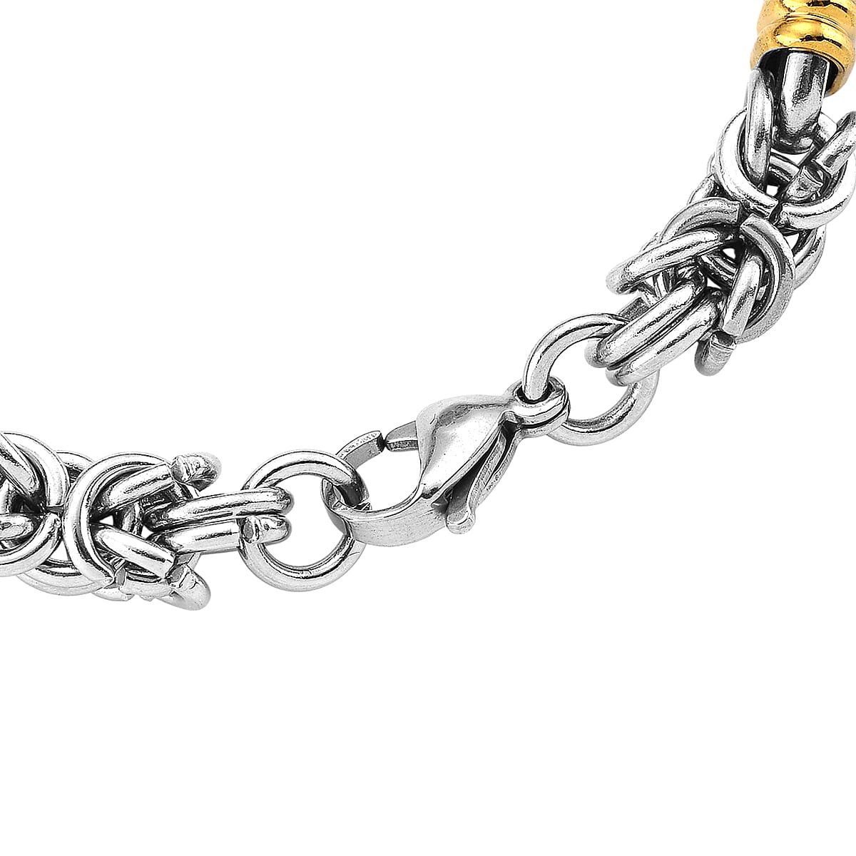 EverTrue Fashionable Two-Tone Byzantine Chain Bracelet in ION Plated YG and Stainless Steel (8.00 In) image number 3