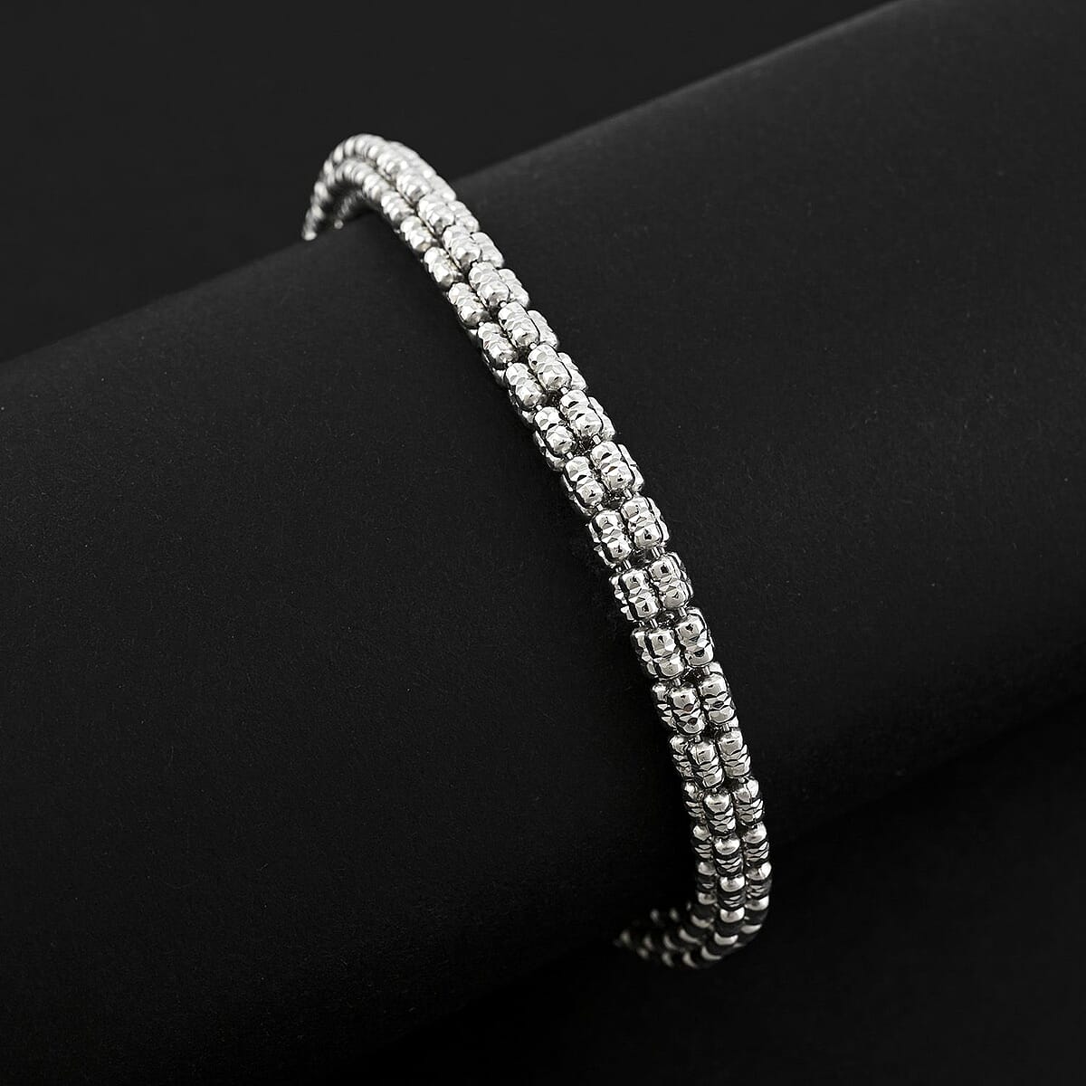 Italian Rhodium Over Sterling Silver Diamond-Cut Ice Round Chain 5 Row Bracelet (7.0-8.0In) 12.7 Grams image number 1