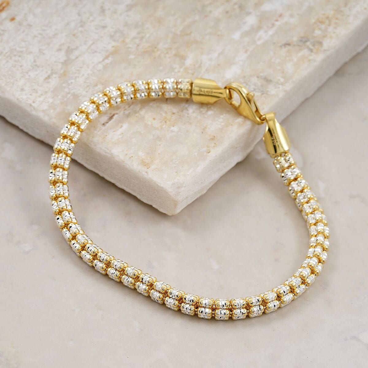 Italian Rhodium and 14K YG Over Sterling Silver Diamond-Cut Vero Lusso 5 Row Bracelet (7.50 In) 13.5 Grams image number 1