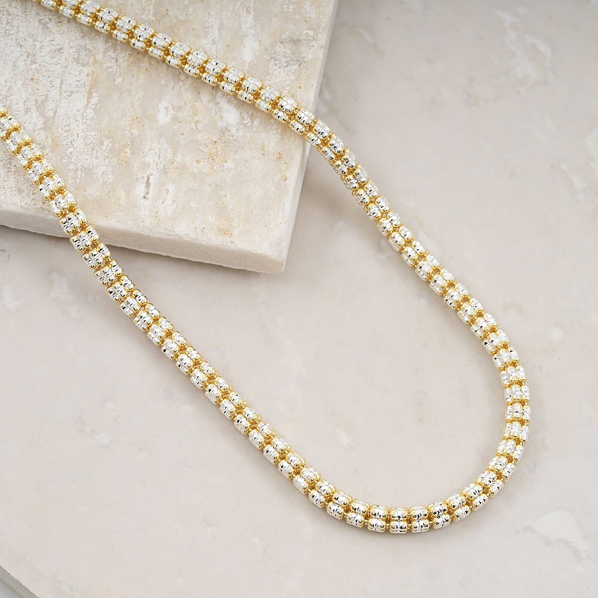  Rhodium and 14K YG Over Sterling Silver Diamond-Cut Ice Round Chain 5 Row Necklace 18 Inches 31.7 Grams image number 1