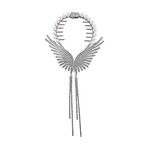 Simulated Pearl, Austrian Crystal Angel Wing Sparkle Hair Accessory in Silvertone