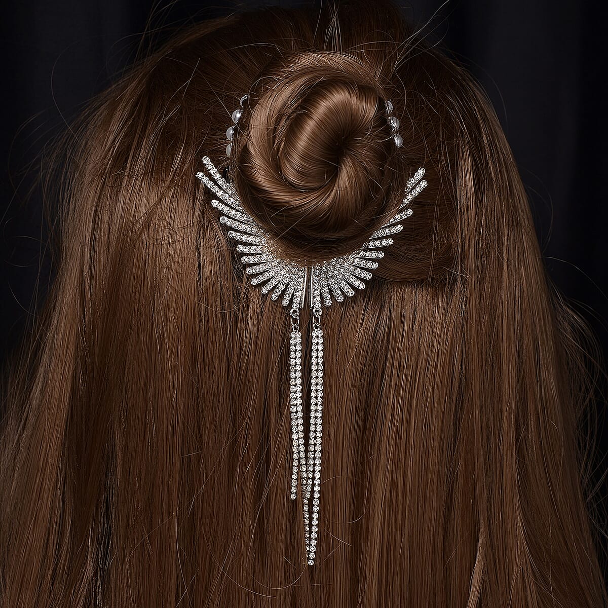 Simulated Pearl, Austrian Crystal Angel Wing Sparkle Hair Accessory in Silvertone image number 1
