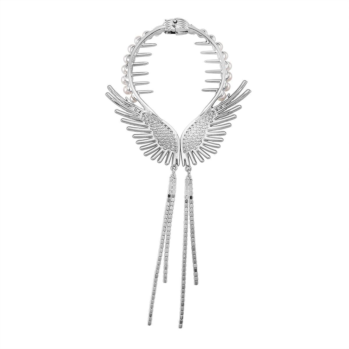 Simulated Pearl, Austrian Crystal Angel Wing Sparkle Hair Accessory in Silvertone image number 2