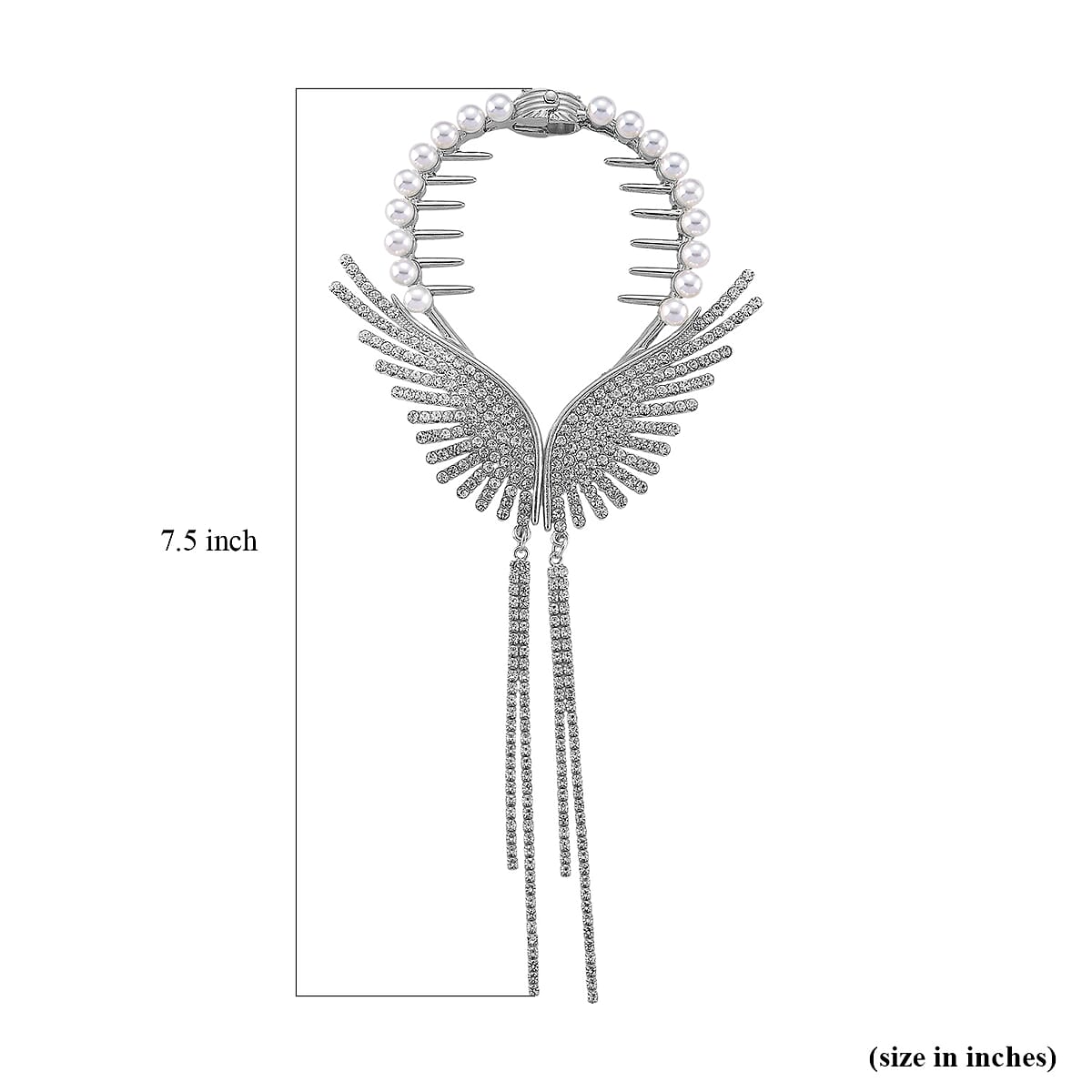 Simulated Pearl, Austrian Crystal Angel Wing Sparkle Hair Accessory in Silvertone image number 4